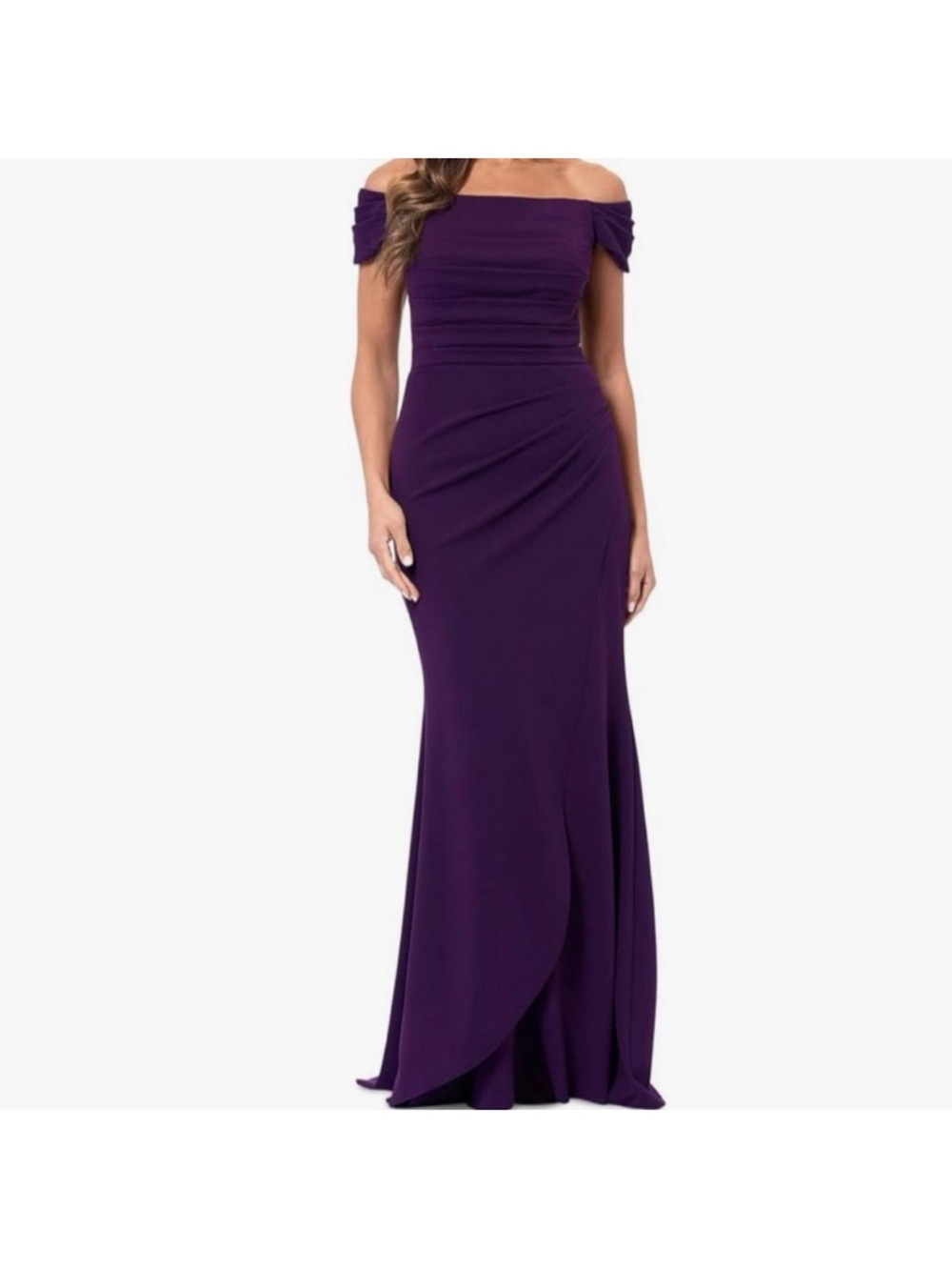 Xscape Dani Dress Scuba Ruched Off-Shoulder Purple Evening Gown
